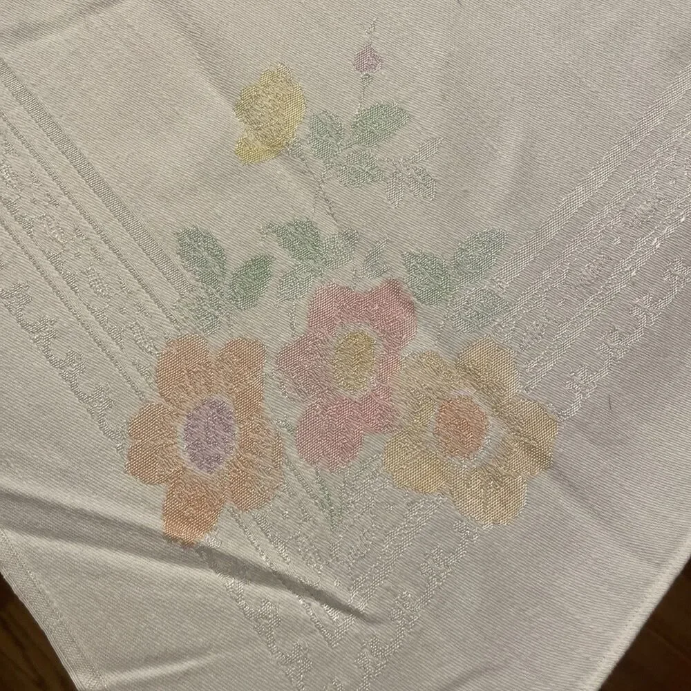Vintage White Damask w/ Pink Blue Peach Green Floral Tablecloth 51”x47” Cottage